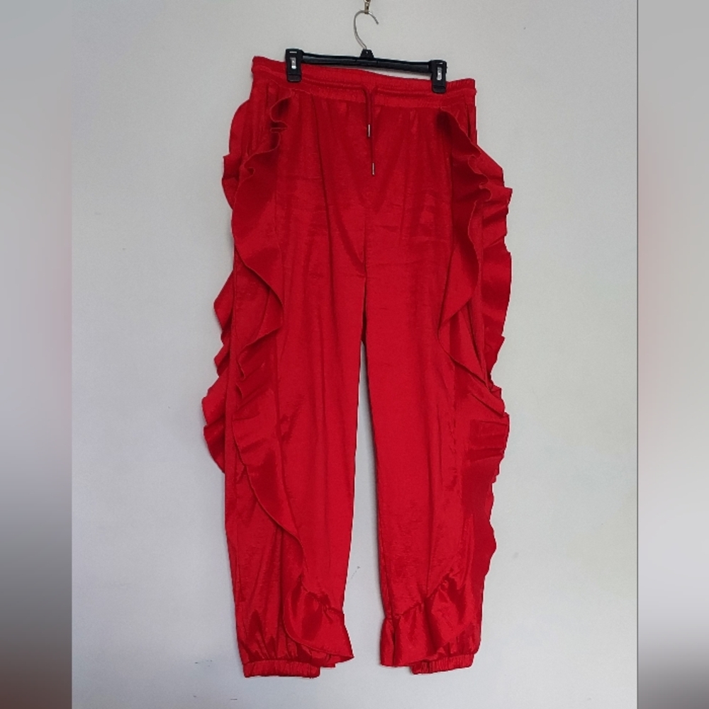 Love Highlight Dressy High Waist Red Ruffle Edge Pants With Elastic Waist Sz-3XL - Picture 2 of 6